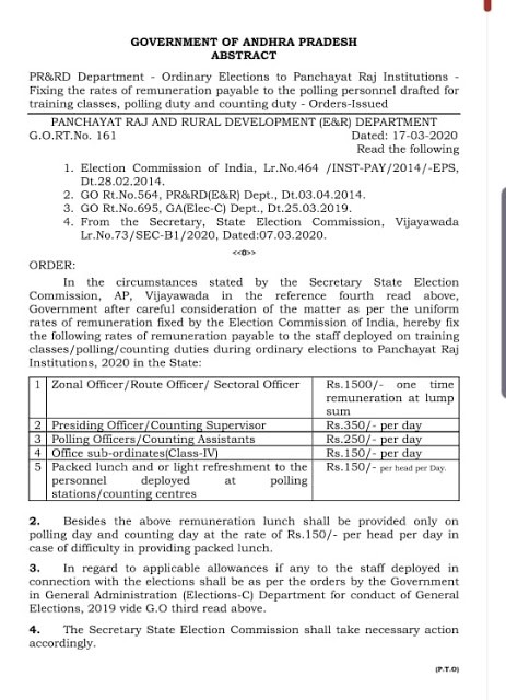 AP Election Duty Remuneration TA, DA Rates 2020 GO 161 | Polling Duty Employees TA, DA Rates 