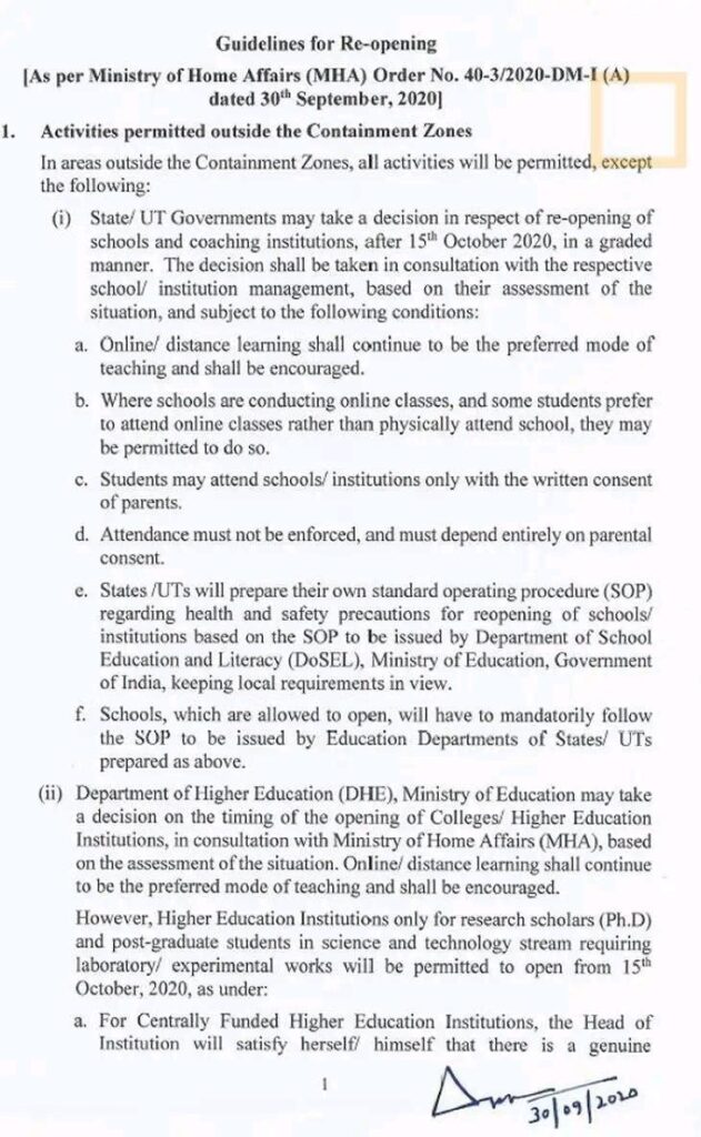 Unlock 5.0 Guidelines - School Open From Oct 15th, More relaxations for cinema and tourism; what to expect