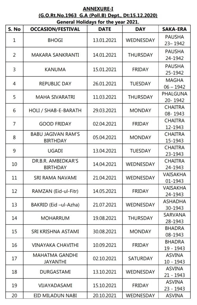 AP List of Holidays 2021 General, Optional Holidays list GO 1693