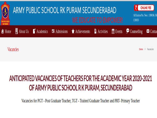 Bolarum APS Teacher Recruitment 2021| Army Public School Faculty Recruitment Apply Here