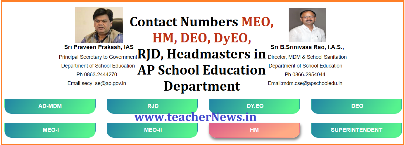 Contact Numbers MEO, HM, DEO, DyEO, RJD, Headmasters in AP School Education Department