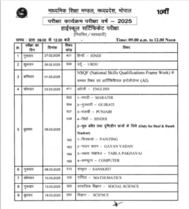 Mp Board 10th Class Exam Time Table 2025